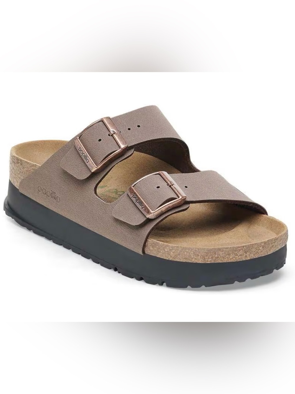 Papillio by BIRKENSTOCK Two-Strap Sandal in Taupe with Rose Gold Buckles 39
